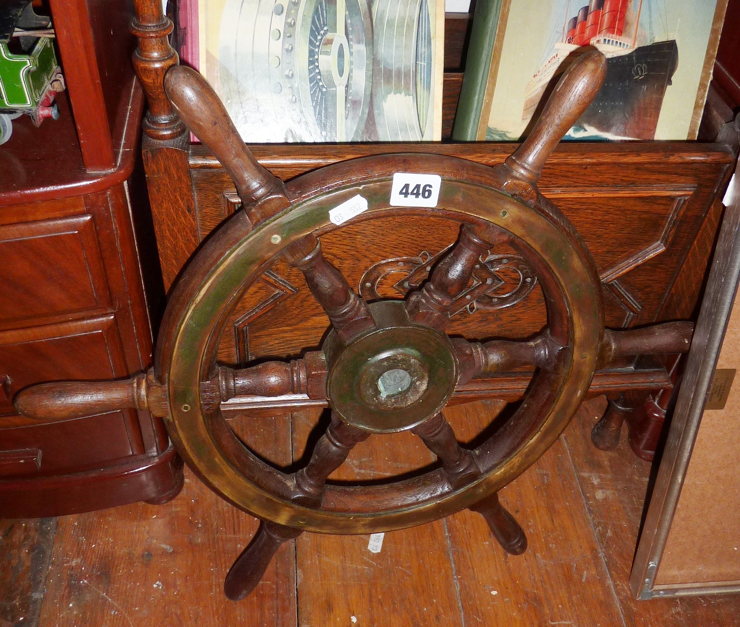 Turned 6-spoke wood & brass fishing boat wheel