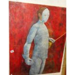 Arlie PANTING (1914-1989) large oil on canvas of a masked fencer in body armour with foil, signed