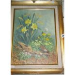 Bette HARDINGE-SMITH oil painting of primroses, daffodils and field mouse