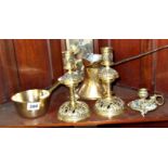 Five brass items including a pair of Arts & Crafts-style candlesticks