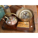 Victorian copper kettle, brass jam pan, a shell case, wooden tray etc