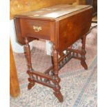 Small Edwardian mahogany dropleaf table with drawer on turned legs & stretchers