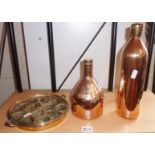 Victorian brass sweet mould, and two Victorian copper water flasks