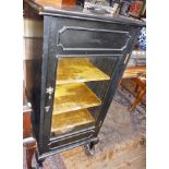 Victorian ebonised music cabinet with lift-up top revealing music stand & having velvet-lined