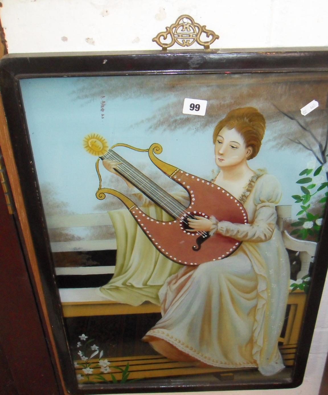 Victorian reverse painting on glass of a lady playing the lyre