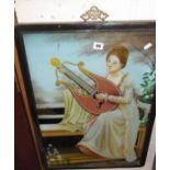 Victorian reverse painting on glass of a lady playing the lyre
