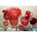 Eight pieces of cranberry and ruby glass