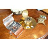 Victorian spherical brass inkwell, another and a Regency copper-lidded inkstand