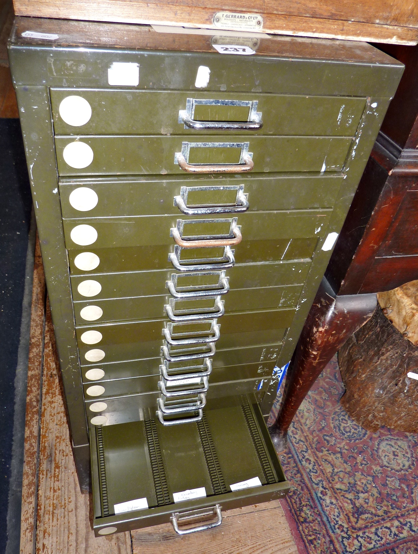 Microscope slide metal filing cabinet of fourteen drawers