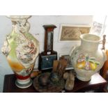 Aneroid barometer, two large vases, a woolwinder & other items (11 items)