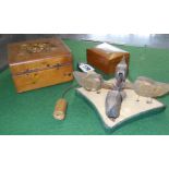 Pecking Chickens wooden toy made by German prisoner of war, c.1944-45, and two boxes