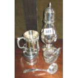 Silver plate sugar sifter, cruet set, christening tankard and sifting spoon