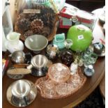 Assorted china & glassware, boxed spoons, pine cones etc