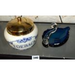 Blue glass swan ashtray, and a modern Delft tobacco pot