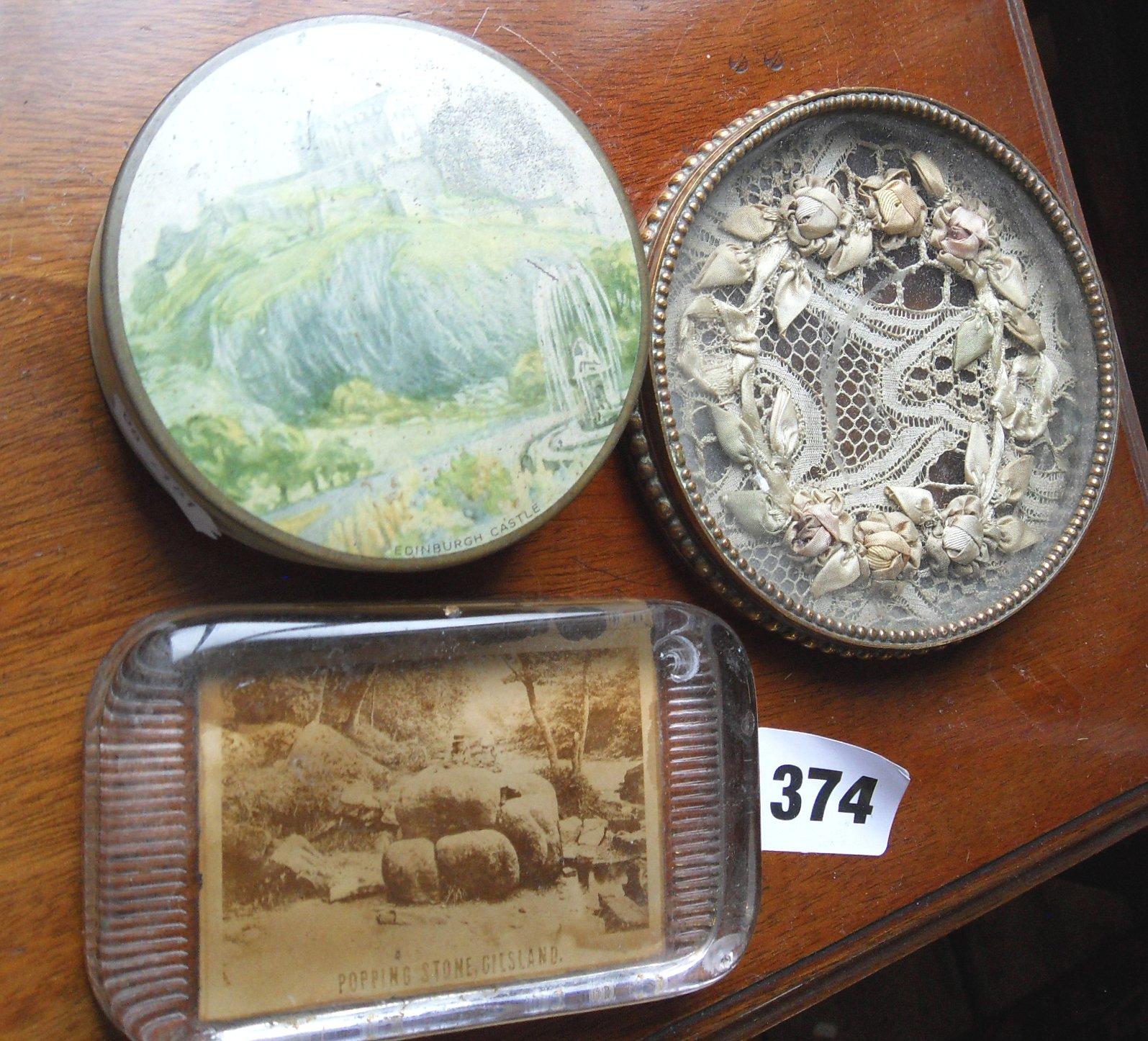 Victorian paperweight with print of “Popping Stone of Giesland”, a glass & bronze frame enclosing