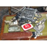 Assorted items including “Le Jockey Club Paris” binoculars, flat iron, a bronze heavy horse