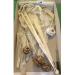 Box of assorted carved bone ladies fans for restoration, enamelled opium bottle, silver-handled