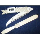 19th c. carved & scrimshaw folding 'fish' letter opener, and another letter opener