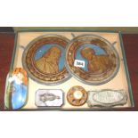 Two 19th c. verre eglomise portraits of Shakespeare & Milton, a Regency terracotta pin box with