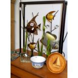 Kitsch painted metal swimming tropical fish screen, and other items