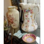 Painted opaque glass vase, a large water jug, and three other items