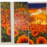 Contemporary triptych acrylic on canvas of poppies in a field