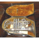 A Hawkes & Son Excelsior Class cornet with accessories in shaped wooden & velvet lined case