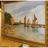 Oil on board of sailing barges on the Medway by Norman A. Alley