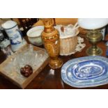 Assorted blue & white platters, a quantity of cut glass wine glasses and other items