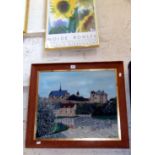 Naive oil on card of a castle & river by Demonchy, 1952, and an Art Gallery poster