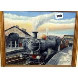 Oil on board of a steam train at Bridport Station, by H.J. Tattershall