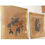 Pair of American Folk Art "Theorem" paintings of flowers & fruit, in giltwood frames