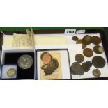 Coins:- a 1739 8 Reales coin, a 1696 shilling and an East India Company copper coin dated 1808 - all