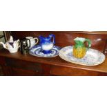 Two blue & white meat platters, a majolica "pineapple" jug, two jugs, a lustre teapot & another