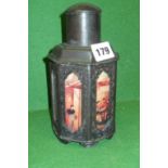 20th c. Chinese pewter tea caddy with decorative glass panels, character marks to base