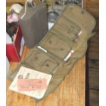 2nd WW Army canvas "Spare Parts Roll" and contents, felt-covered water bottle & two ration books