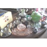 Assorted china & glassware, boxed spoons, pine cones etc