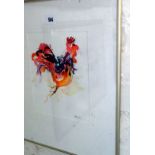 Watercolour of a stylised cockerel, signed