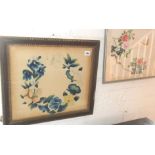 American Folk Art "Theorem" painting, and a Japanese painted silk picture