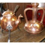 Two-handled Arts & Crafts burnished copper water vessel, and an unusual copper kettle on iron