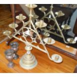 Large seven branch brass candlestick on heavy turned base, and two Indian brass pots