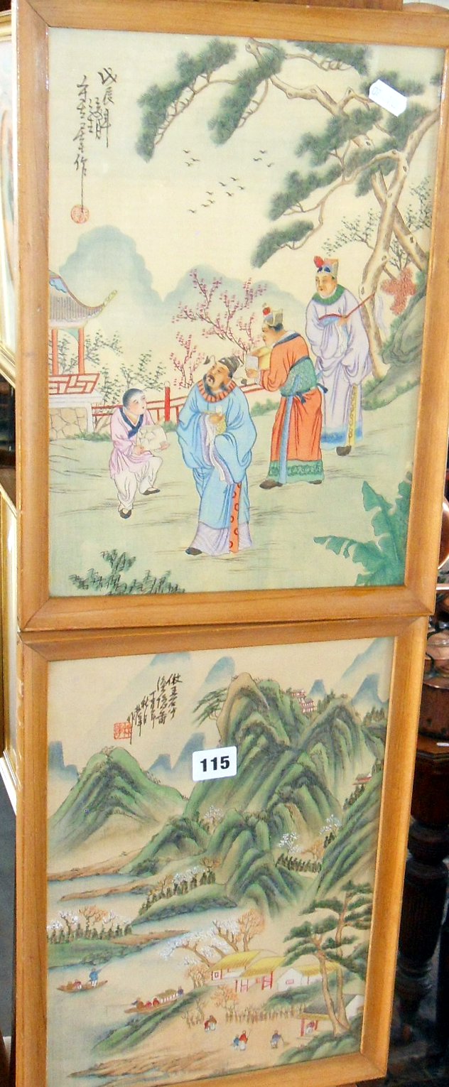 Three Chinese paintings of figures in landscapes, signed & framed