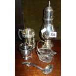 Silver plate sugar sifter, cruet set, Christening tankard and sifting spoon