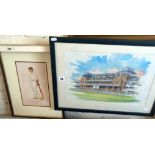 A Hugh Cushing colour print of Lords grandstand, and a watercolour of Ranjitsinhji, Maharaja and