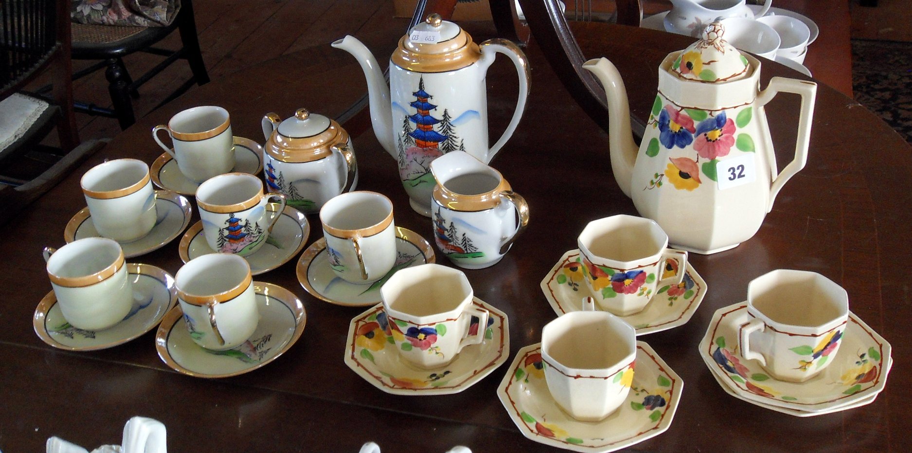 Art Deco floral china coffee set, and a Japanese coffee set