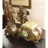 Victorian spelter-mounted marble mantle clock with two spelter Classical figures