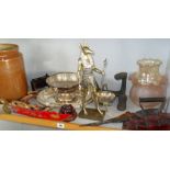 Large shelf of assorted silver plate, an iron last, a flat iron, and wooden items etc