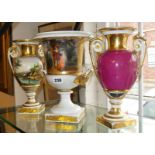 Three Paris porcelain urn vases with painted panels (one vase A/F)