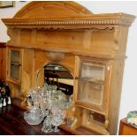 Victorian stripped pine overmantle mirror with shelves & cupboards