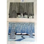 Pair of colour woodcuts of Russian winter treescapes with reindeer, by Yu Chang You